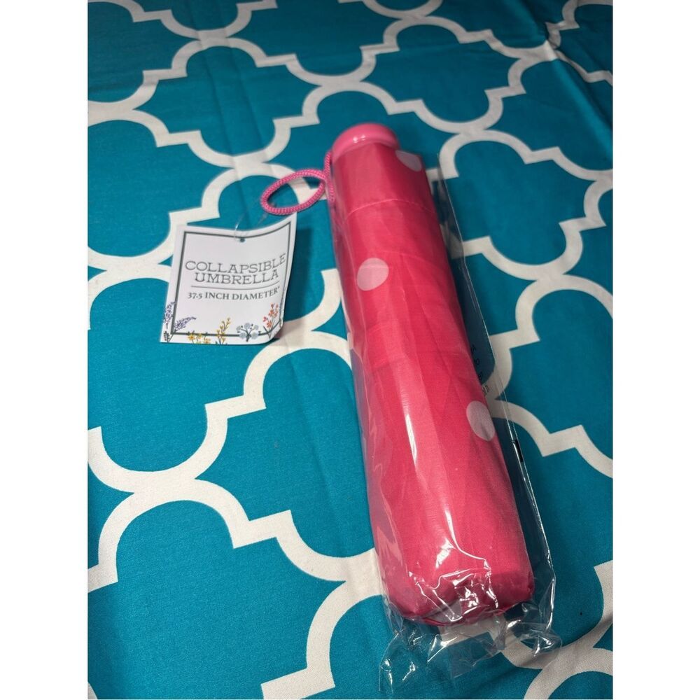 New Collapsible Umbrella - 37.5” Diameter Pink Polka Dots